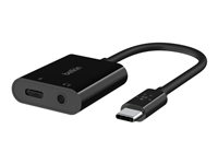 Belkin RockStar - USB-C till hörlursuttag/laddningsadapter - 24 pin USB-C hane till minijack, 24 pin USB-C hona - 19.6 cm - USB Power Delivery (60W) NPA004BTBK