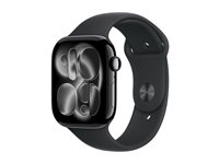 Apple Watch Series 11 (GPS) - 46 mm - jet black aluminium - smart klocka med sportband - fluoroelastomer - svart - bandstorlek: M/L - 64 GB - Wi-Fi 4, UWB, Bluetooth - 37.8 g MEUX4QN/A
