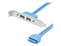StarTech.com 2 Port USB 3.0 A Female Slot Plate Adapter - USB 3.0 motherboard Adapter - USB 3 plate - USB 3.0 header Adapter (USB3SPLATE) - USB-panel - USB typ A (hona) till 20 stifts IDC (hona) - 50 cm - blå - för P/N: PEXUSB312A1C1H, PEXUSB312A2C2V, PEXUSB312EIC USB3SPLATE