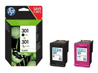 HP 301 - 2-pack - svart, färg (cyan, magenta, gul) - original - blister - bläckpatron - för HP DeskJet 1000, 1010, 1050 AiO, 1050A AiO, 1510 AiO, 2000, 2050 AiO, 2050A AiO, 2510 AiO, 2540 AiO, 3000, 3050 AiO, 3050A eAiO, 3510 eAiO series, HP ENVY 4500 eAiO, 5530 eAiO series, HP OfficeJet 2620 AiO, 4630 eAiO series N9J72AE#301