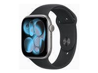 Apple Watch Series 11 (GPS) - 46 mm - rymdgrå aluminium - smart klocka med sportband - fluoroelastomer - svart - bandstorlek: S/M - 64 GB - Bluetooth, Wi-Fi 4, UWB - 37.8 g MEV04QN/A