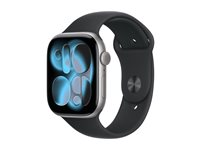 Apple Watch Series 11 (GPS + Cellular) - 46 mm - rymdgrå aluminium - smart klocka med sportband - fluoroelastomer - svart - bandstorlek: M/L - 64 GB - LTE, Wi-Fi 4, UWB, Bluetooth - 5G - 36.9 g MFCA4QN/A